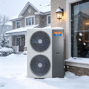 Outdoor heat pump unit in snowy weather outside a house in Scandinavia.